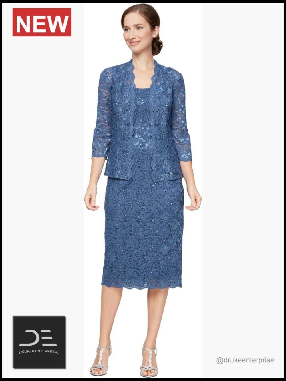 Tea Length Sequin Lace Mother of the Bride Dress with Illusion Sleeve Jacket